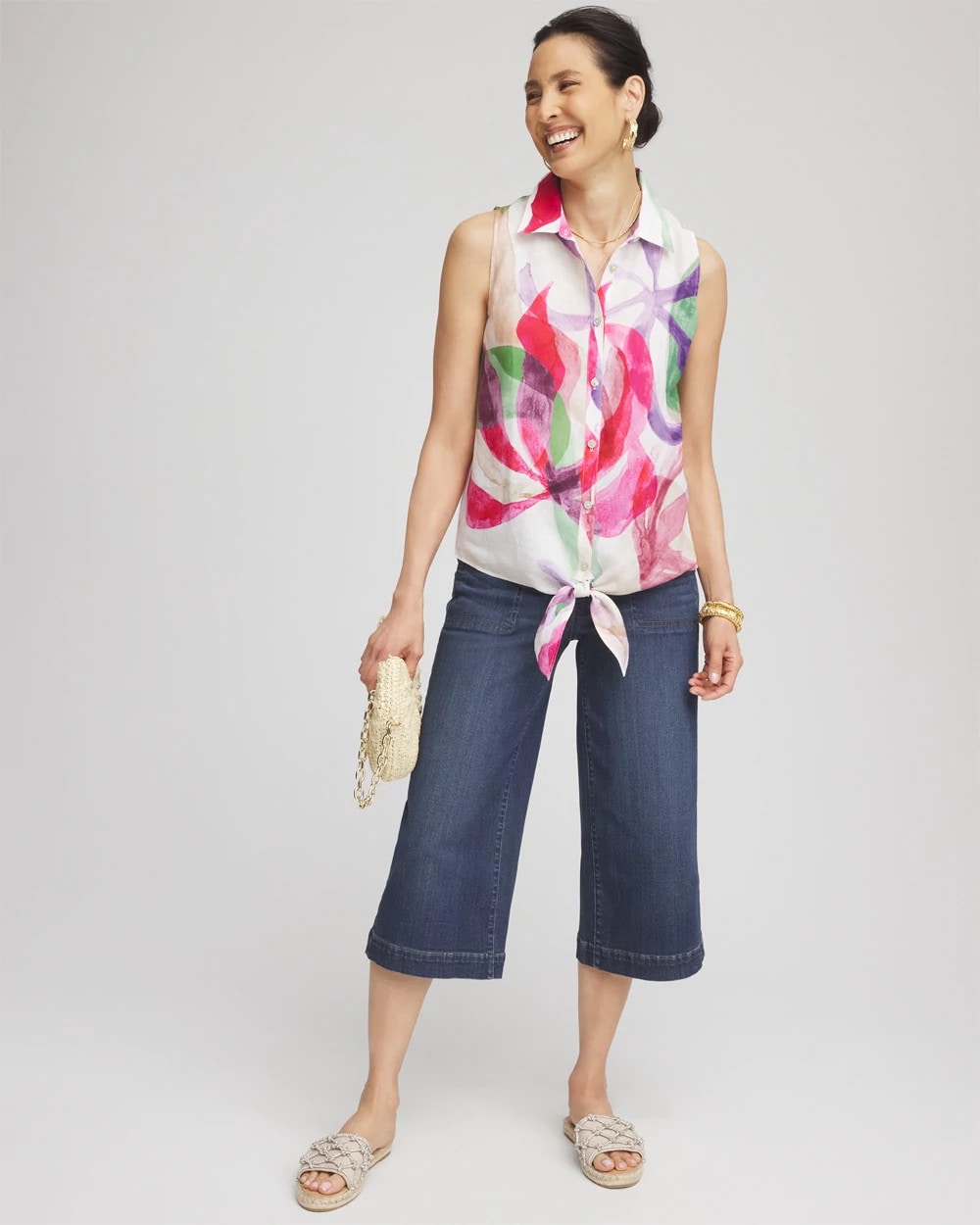Crushed Berries No Iron™ Bloom Linen Tie-Front Shirt