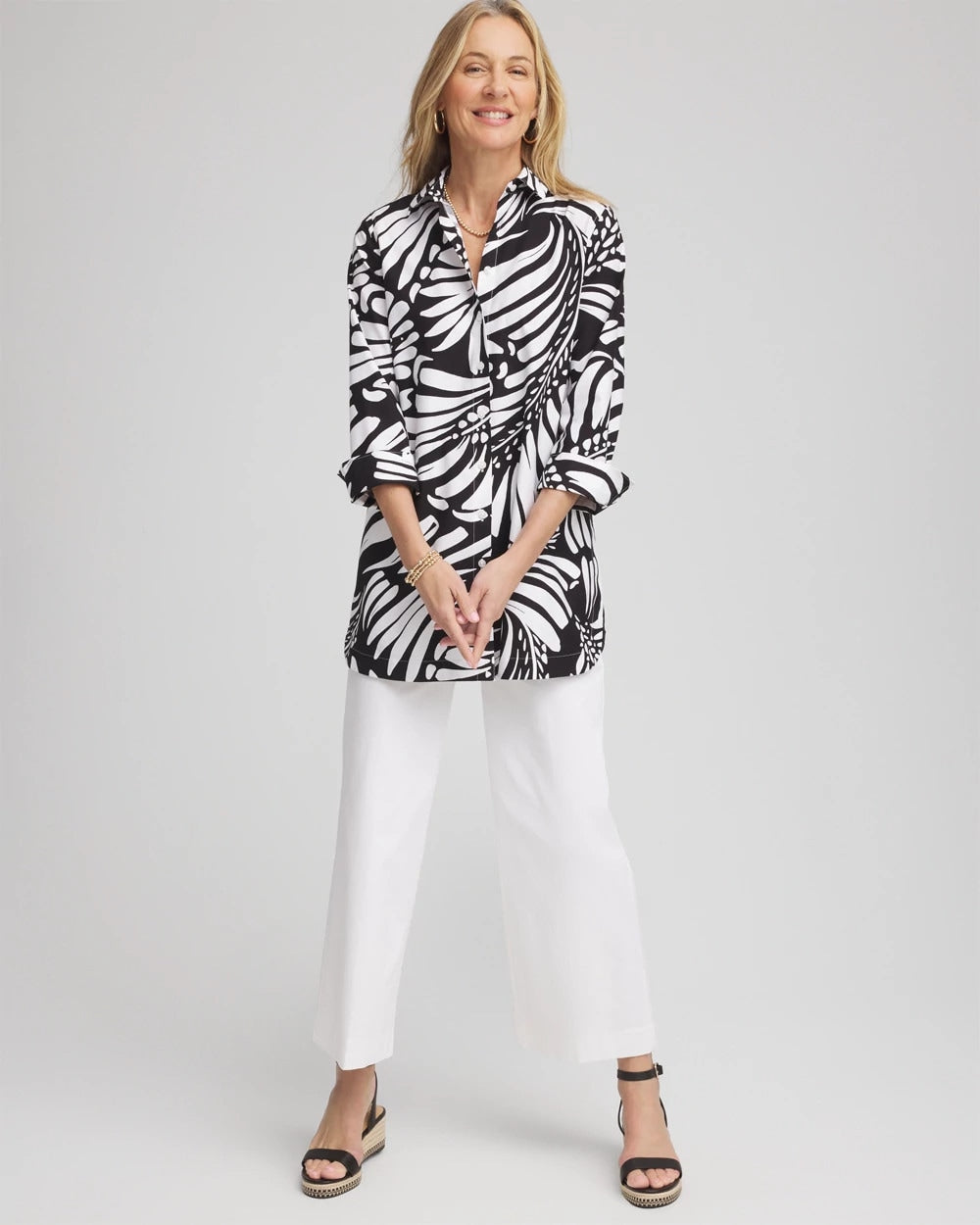 Black No Iron™ Printed Palms Button Down Tunic