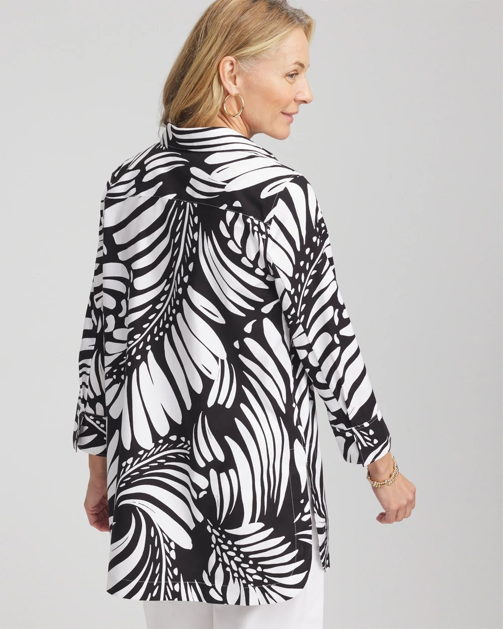 Black No Iron™ Printed Palms Button Down Tunic