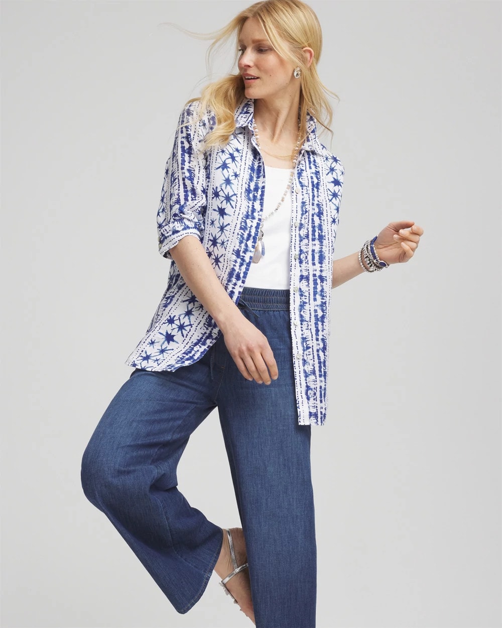 Rich Cobalt No Iron™ Star Print Linen Shirt