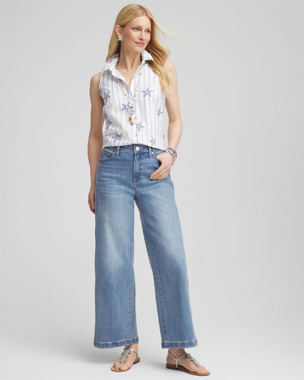 Optic White No Iron™ Starfish Striped Sleeveless Sateen Shirt