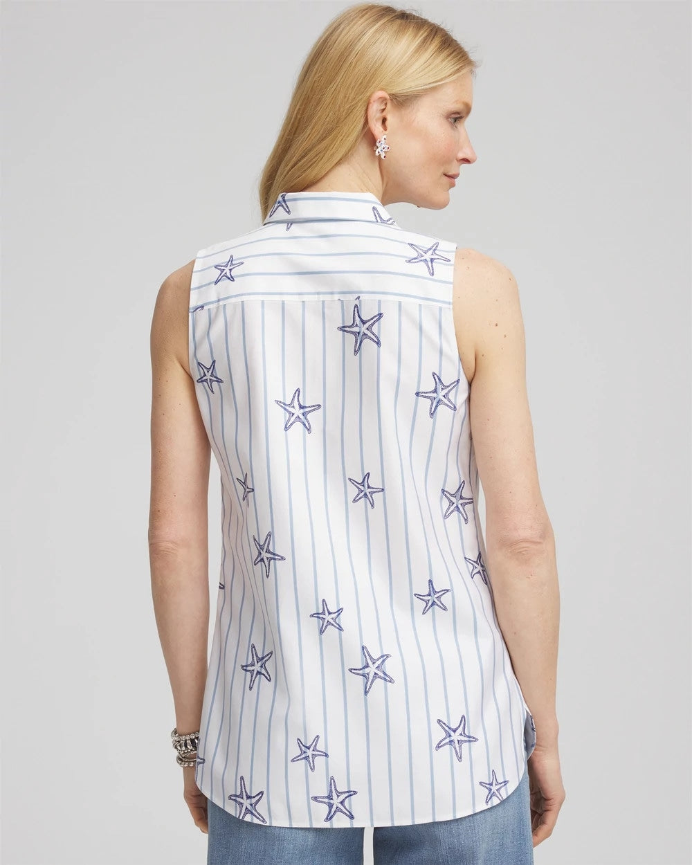Optic White No Iron™ Starfish Striped Sleeveless Sateen Shirt