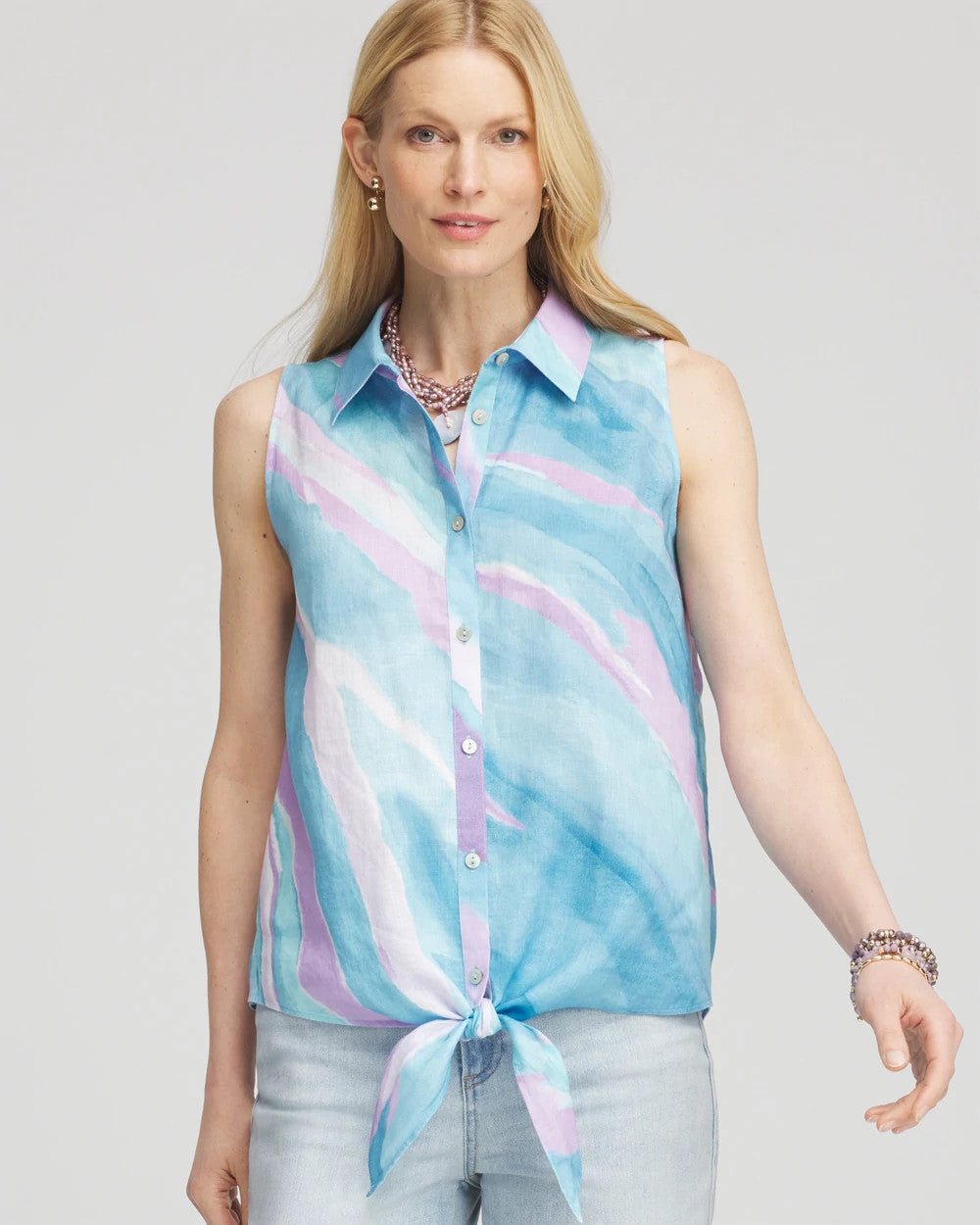 Paradiso Blue No Iron™ Linen Tie-Front Sleeveless Shirt