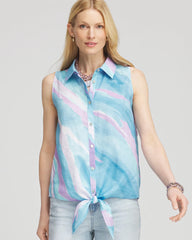 Paradiso Blue No Iron™ Linen Tie-Front Sleeveless Shirt