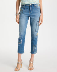 Aquamarine Indigo Floral Patchwork Girlfriend Crop Jeans