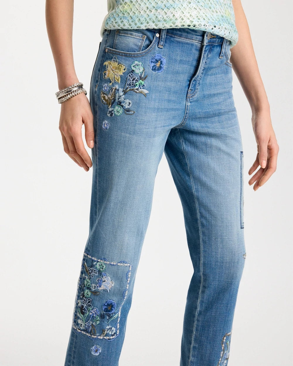 Aquamarine Indigo Floral Patchwork Girlfriend Crop Jeans
