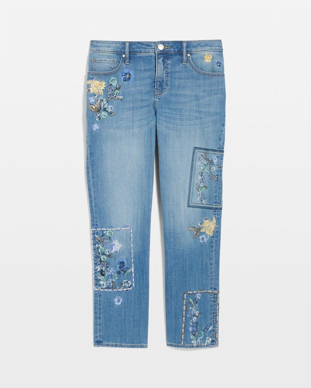 Aquamarine Indigo Floral Patchwork Girlfriend Crop Jeans