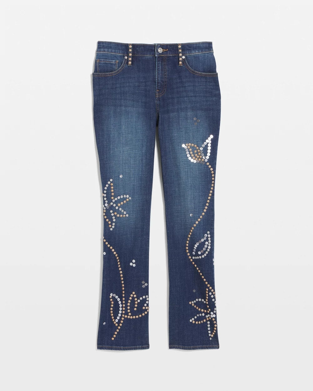 Spellbound Indigo Embellished Girlfriend Cropped Flared Jeans