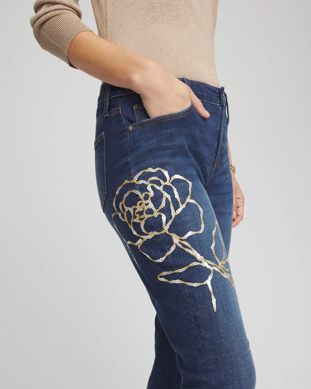 Sequoia Indigo Sequins Rose Girlfriend Slim-Leg Jeans