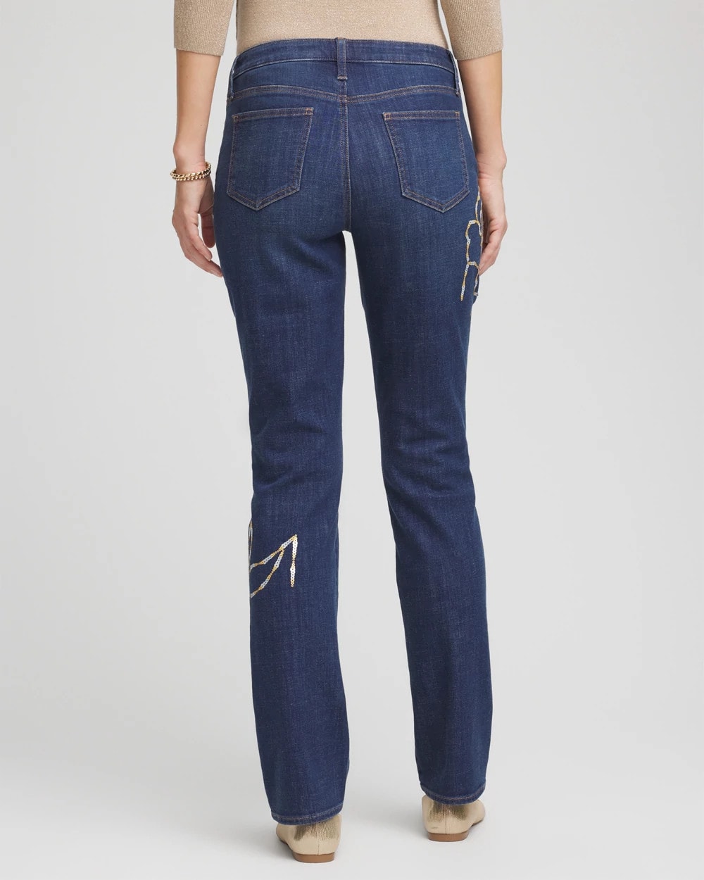Sequoia Indigo Sequins Rose Girlfriend Slim-Leg Jeans