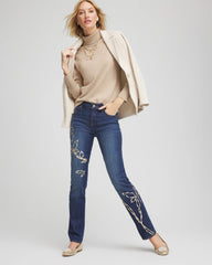 Sequoia Indigo Sequins Rose Girlfriend Slim-Leg Jeans