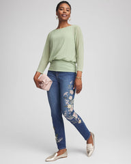 Dragon Road Indigo Appliqué Girlfriend Slim Ankle Jeans