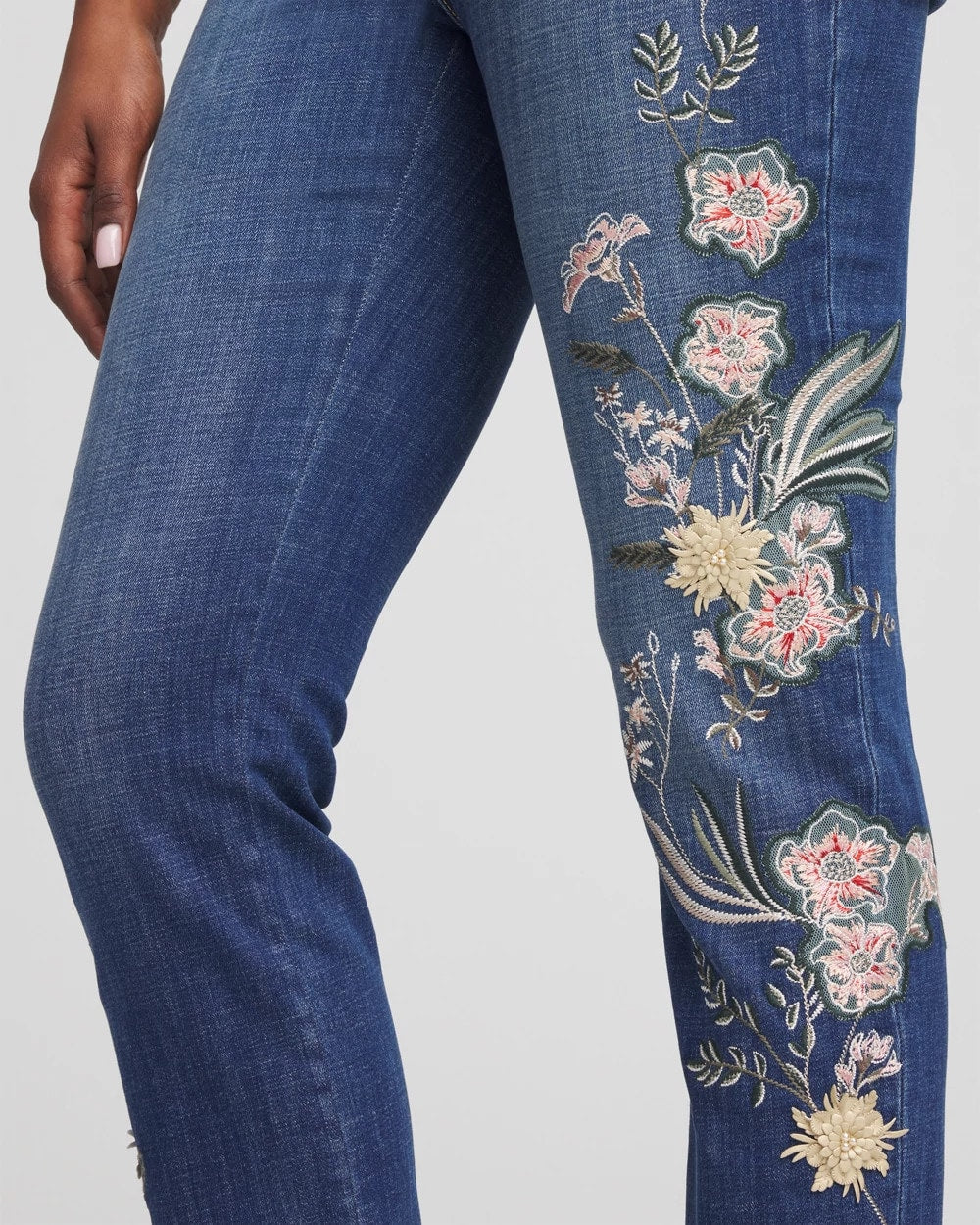 Dragon Road Indigo Appliqué Girlfriend Slim Ankle Jeans