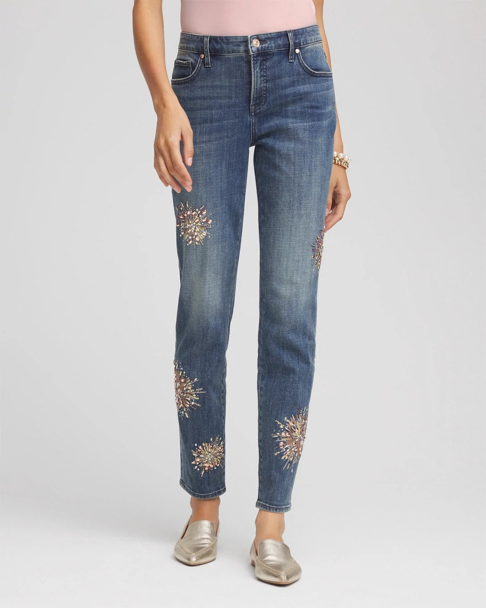 Brilliant Blue Indigo Embellished Starbursts Girlfriend Slim Ankle Jeans