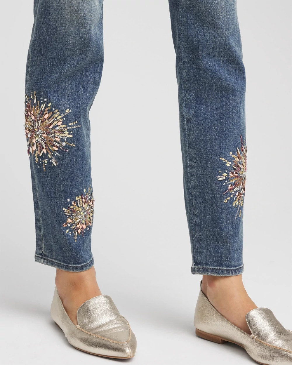 Brilliant Blue Indigo Embellished Starbursts Girlfriend Slim Ankle Jeans