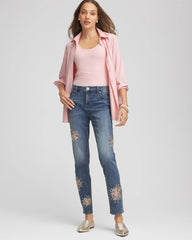 Brilliant Blue Indigo Embellished Starbursts Girlfriend Slim Ankle Jeans