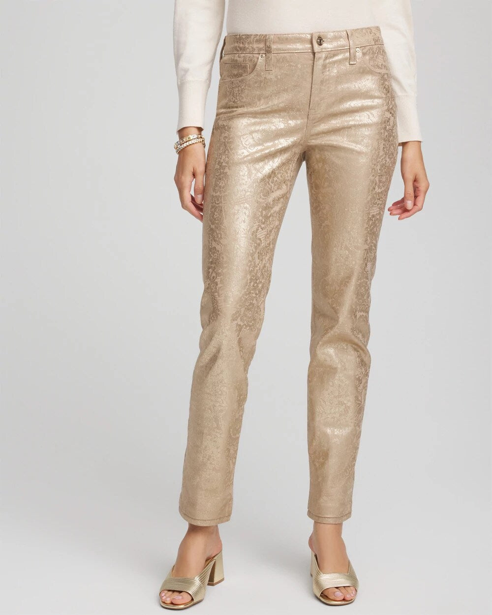 Champagne Fizz Girlfriend Slim Ankle Foiled Lace Jeans