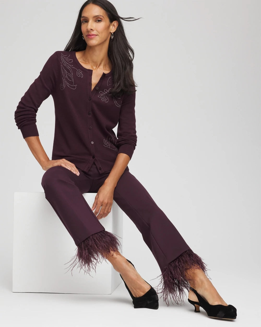 Night Bloom Juliet Feathered Flared Cropped Pants