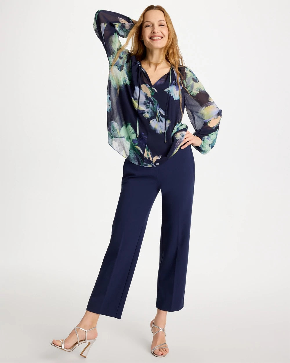 Passport Blue Crinkle Chiffon Tie-Front Blouse
