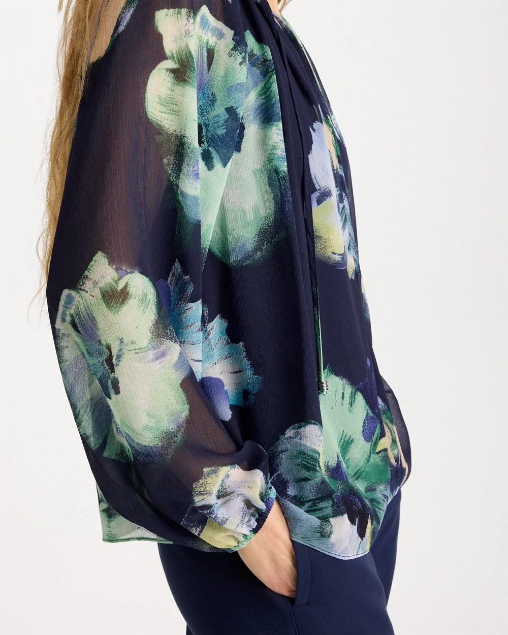 Passport Blue Crinkle Chiffon Tie-Front Blouse
