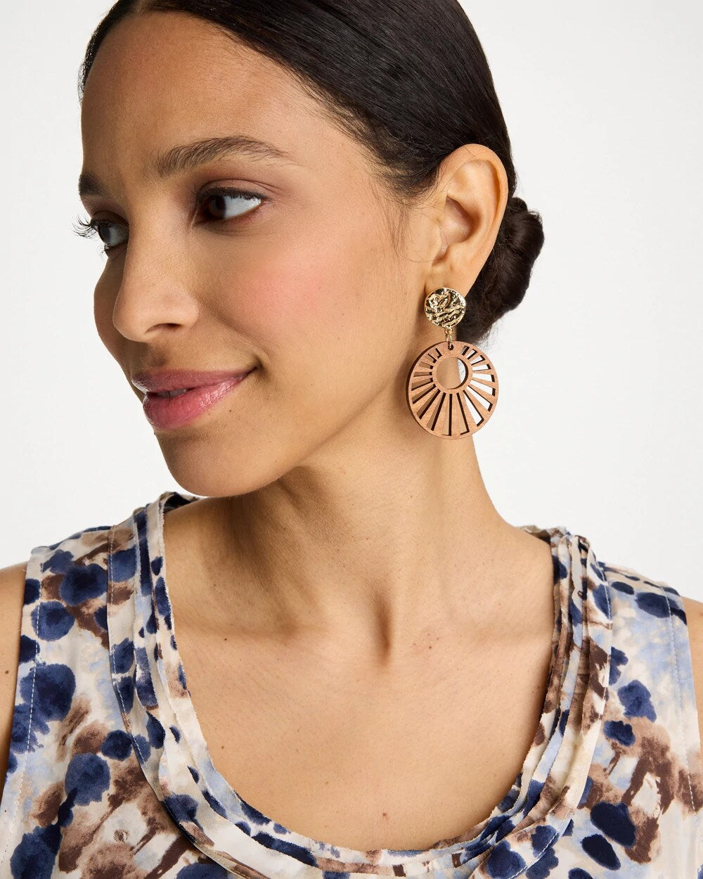 Brown Wood Carved Sun Drop Earrings