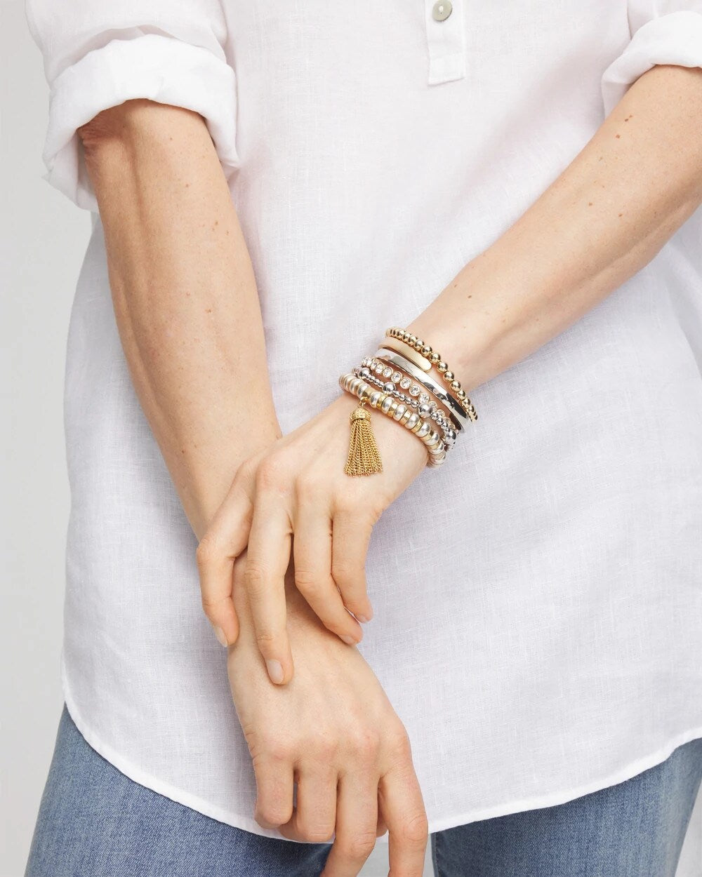 Silver Silver-tone Medium Bead Stretch Bracelet