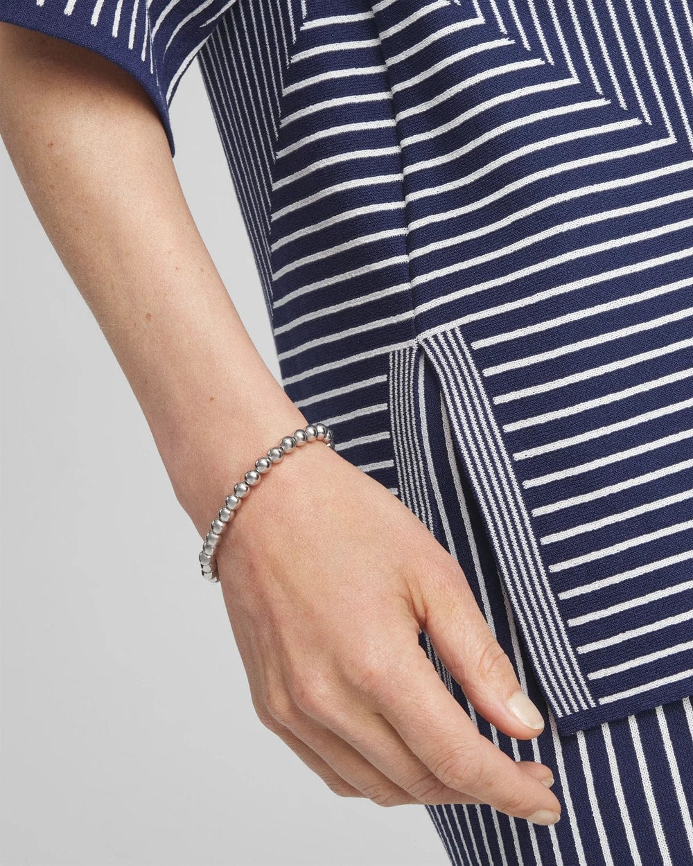 Silver Small Beaded Silver Tone Stretch Bracelet