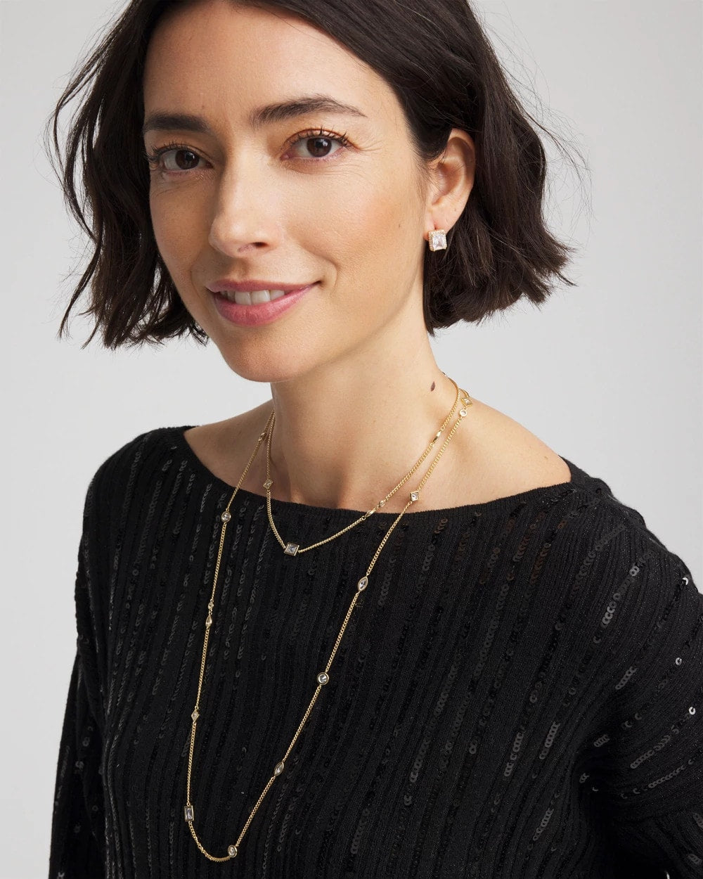 Gold Fine Crystal Long Chain Necklace