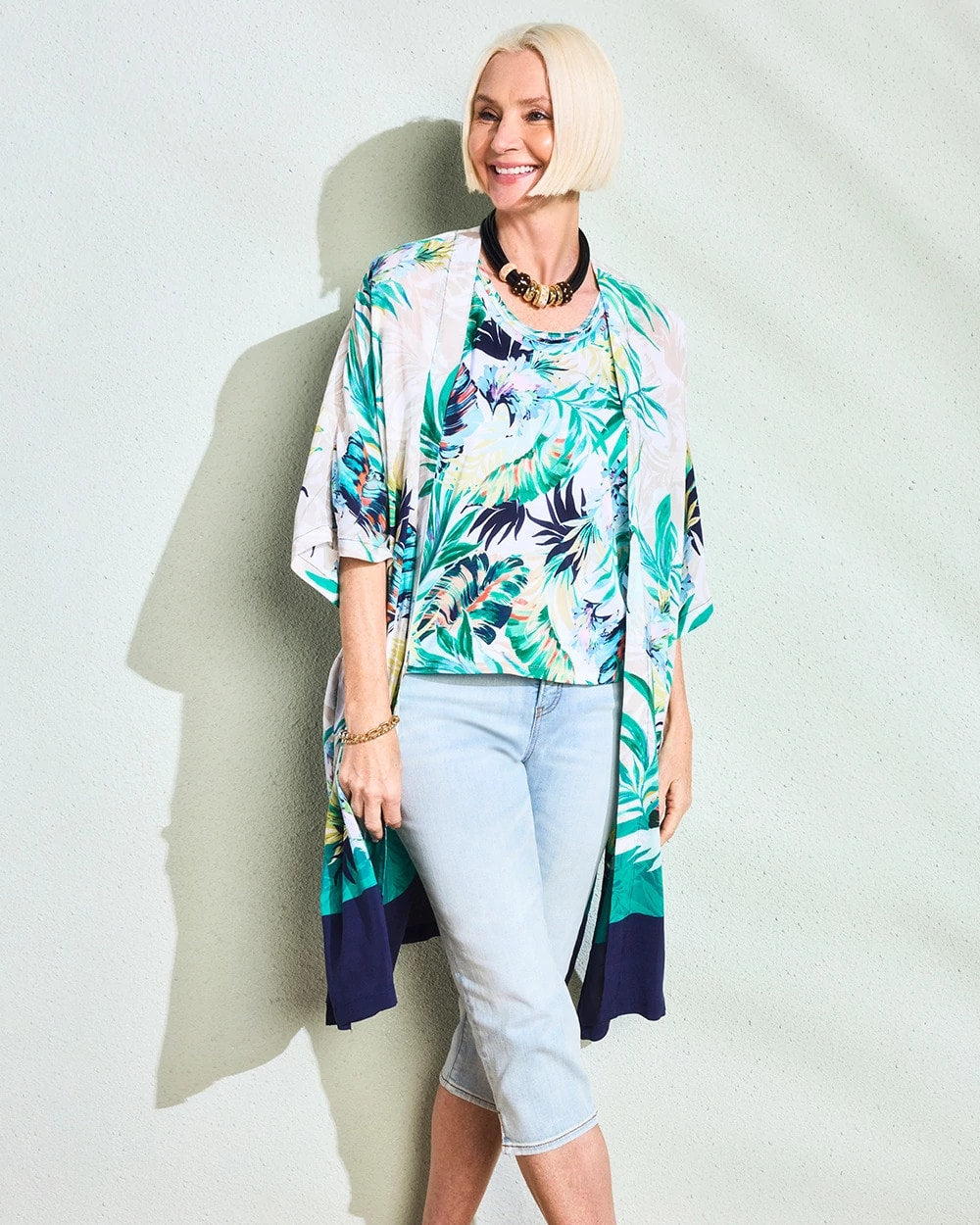 Topanga Green Printed Smocked Long Kimono