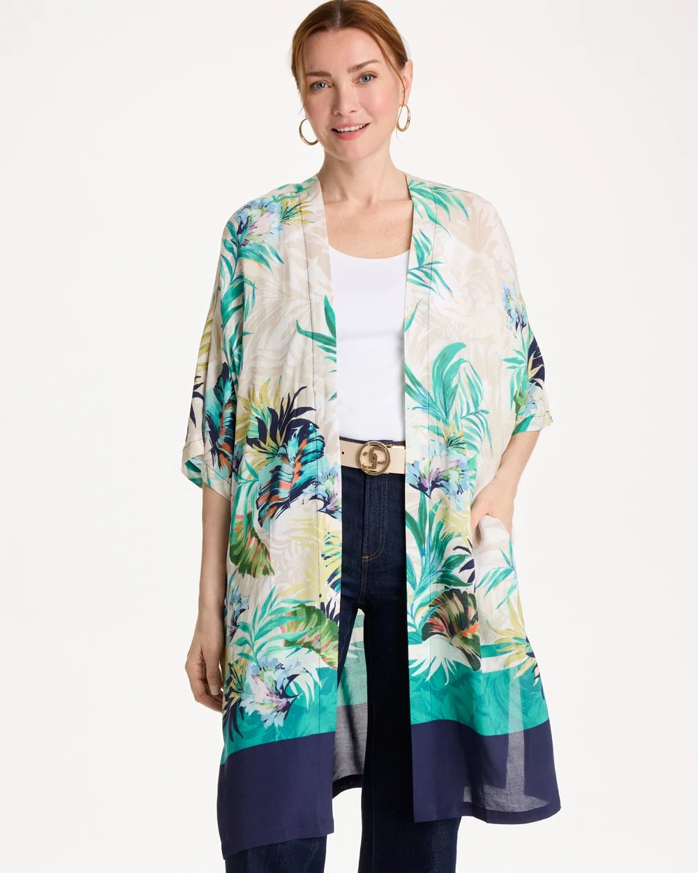 Topanga Green Printed Smocked Long Kimono
