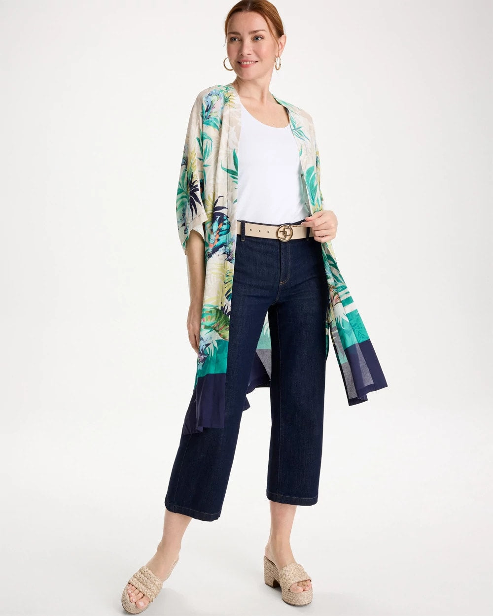 Topanga Green Printed Smocked Long Kimono