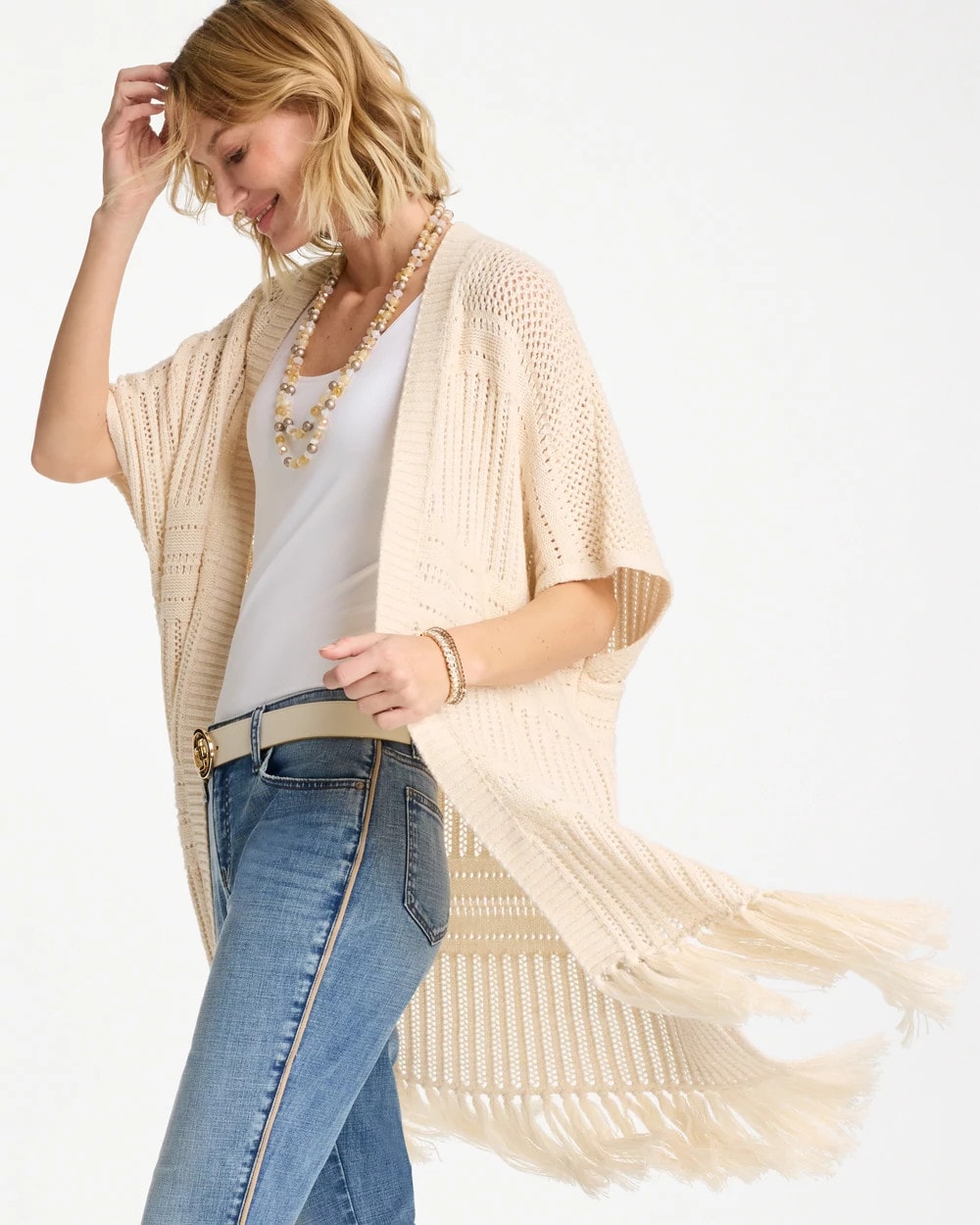 Cream Long Knit Fringe Ruana