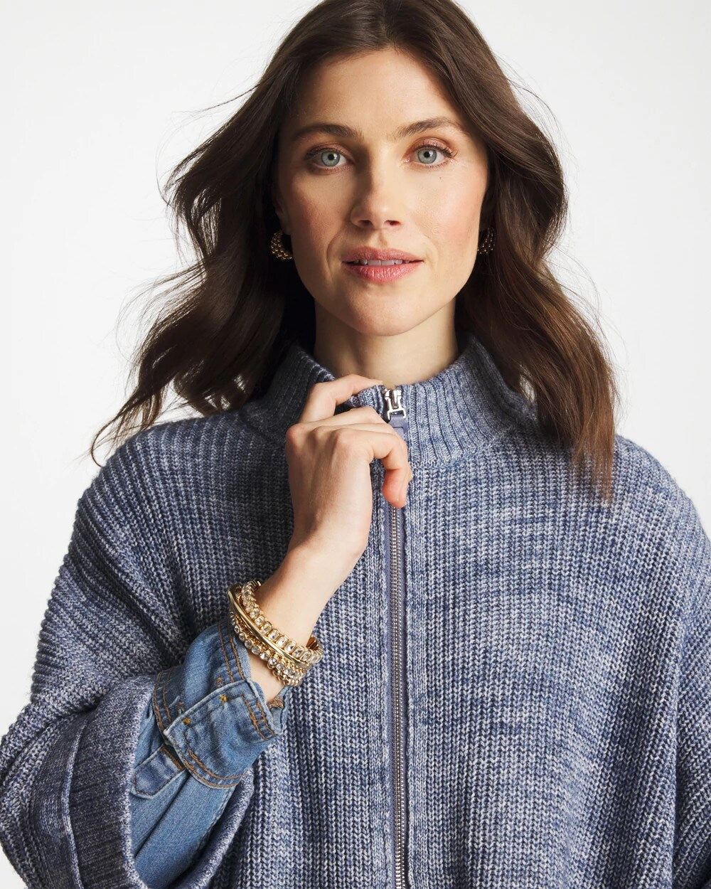 Indigo Sky Heather Rounded Hem Zip-Front Ruana