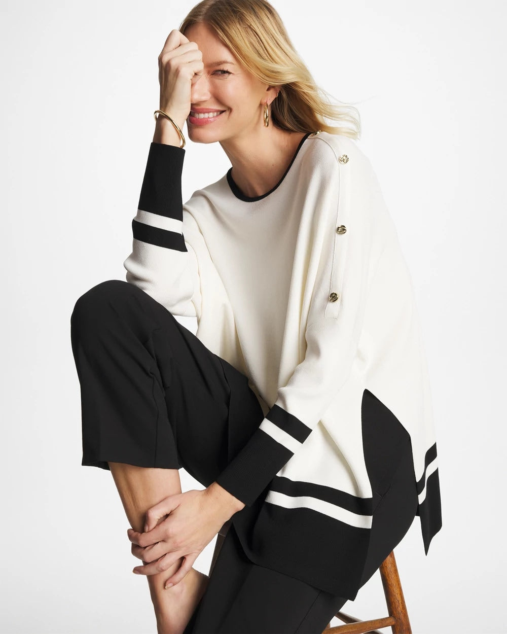 Ecru Button Detail Poncho