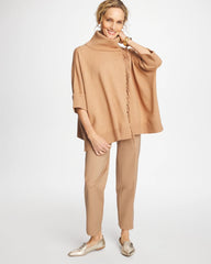 Faux Creme Coffee Heather Cowlneck Knit Fringe Poncho