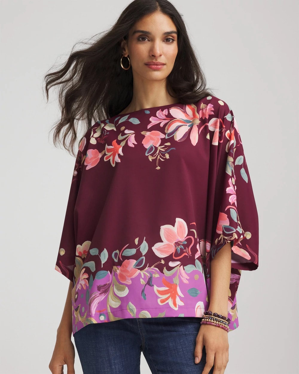 Deep Chianti Printed Boatneck Pullover Poncho