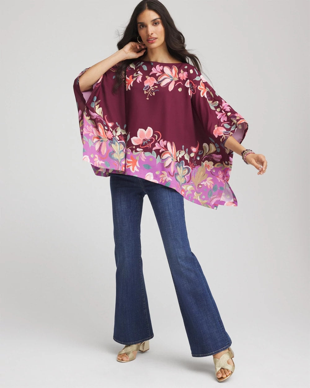 Deep Chianti Printed Boatneck Pullover Poncho