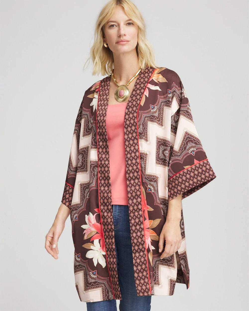 Cacao Long Mixed-Print Kimono