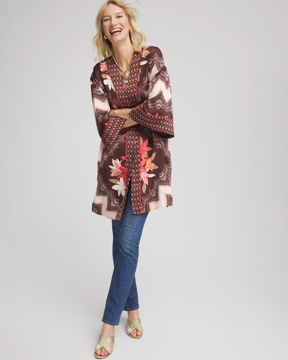 Cacao Long Mixed-Print Kimono