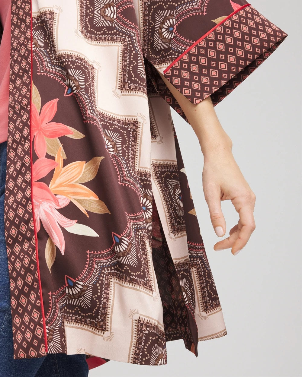 Cacao Long Mixed-Print Kimono