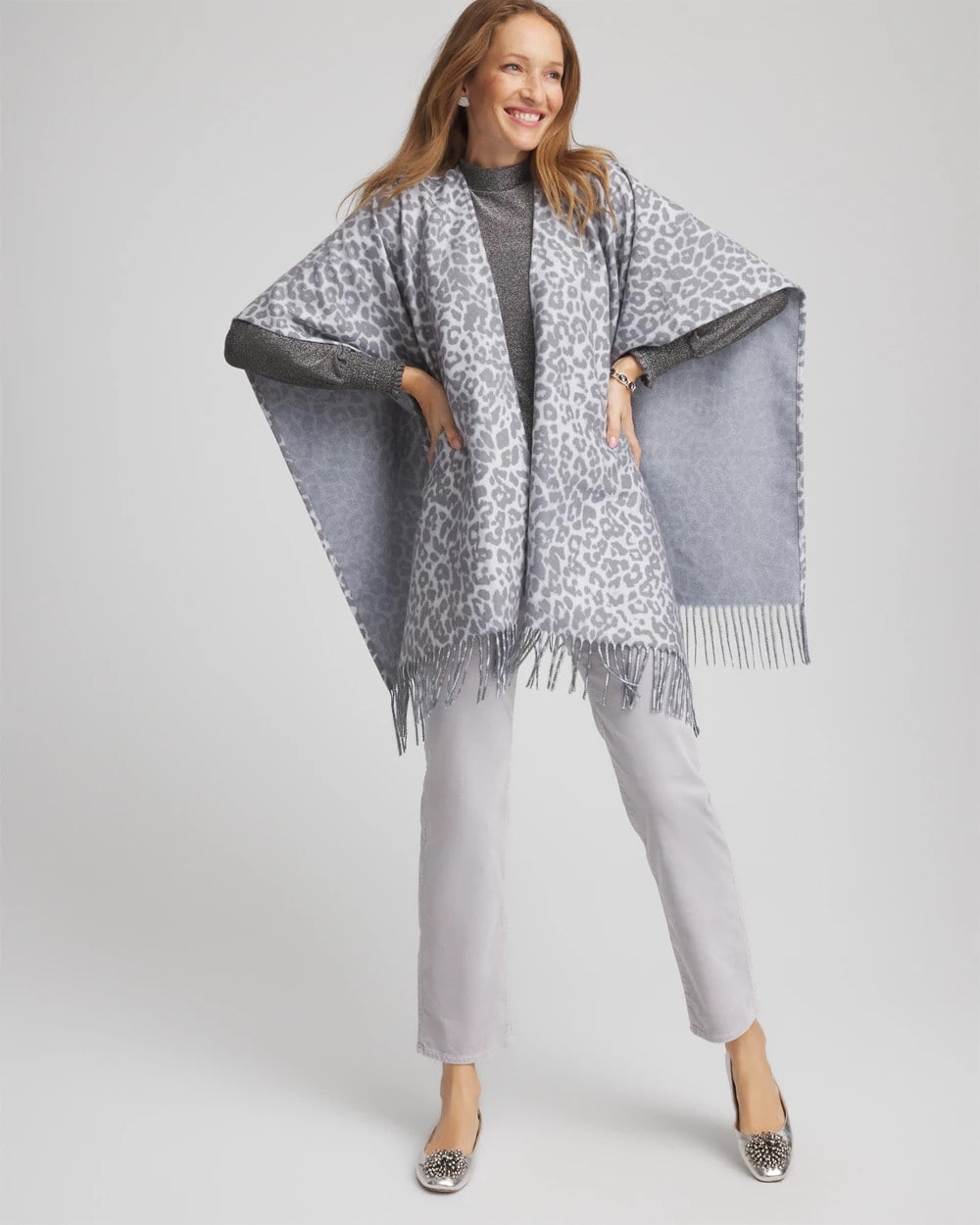 Storm Cloud Reversible Animal Print Fringe Ruana