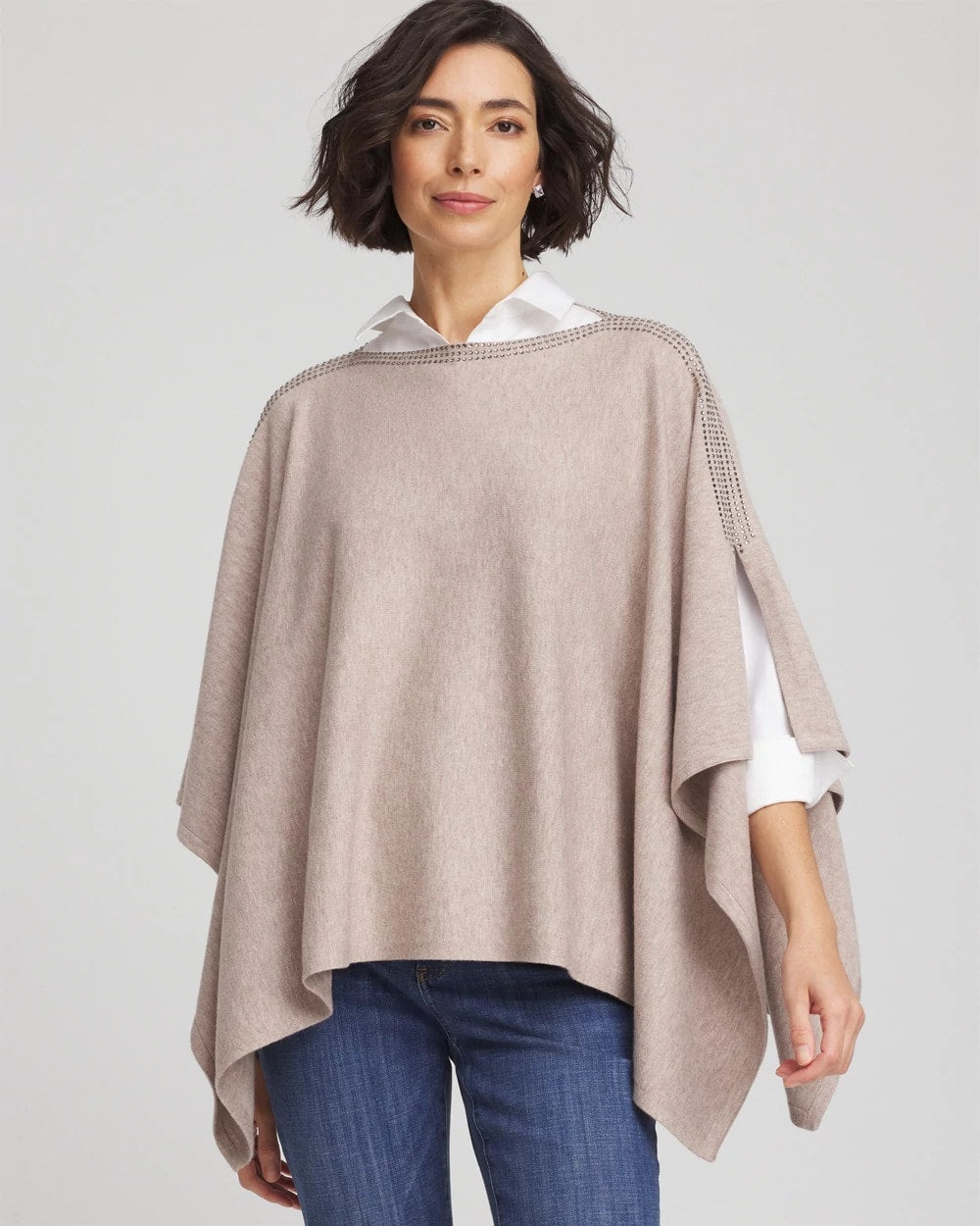 Light Taupe Heather Rhinestone Embellished Poncho