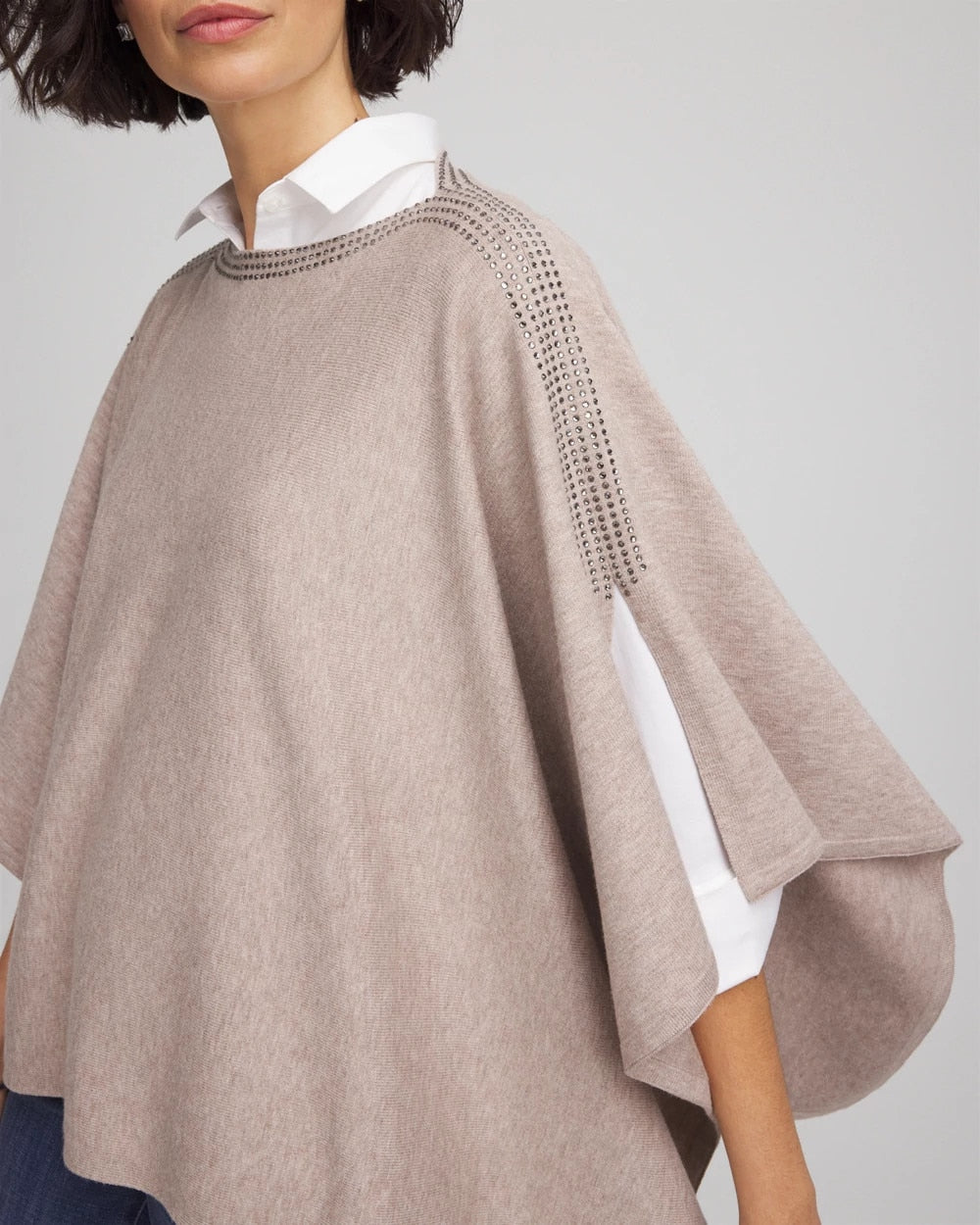 Light Taupe Heather Rhinestone Embellished Poncho