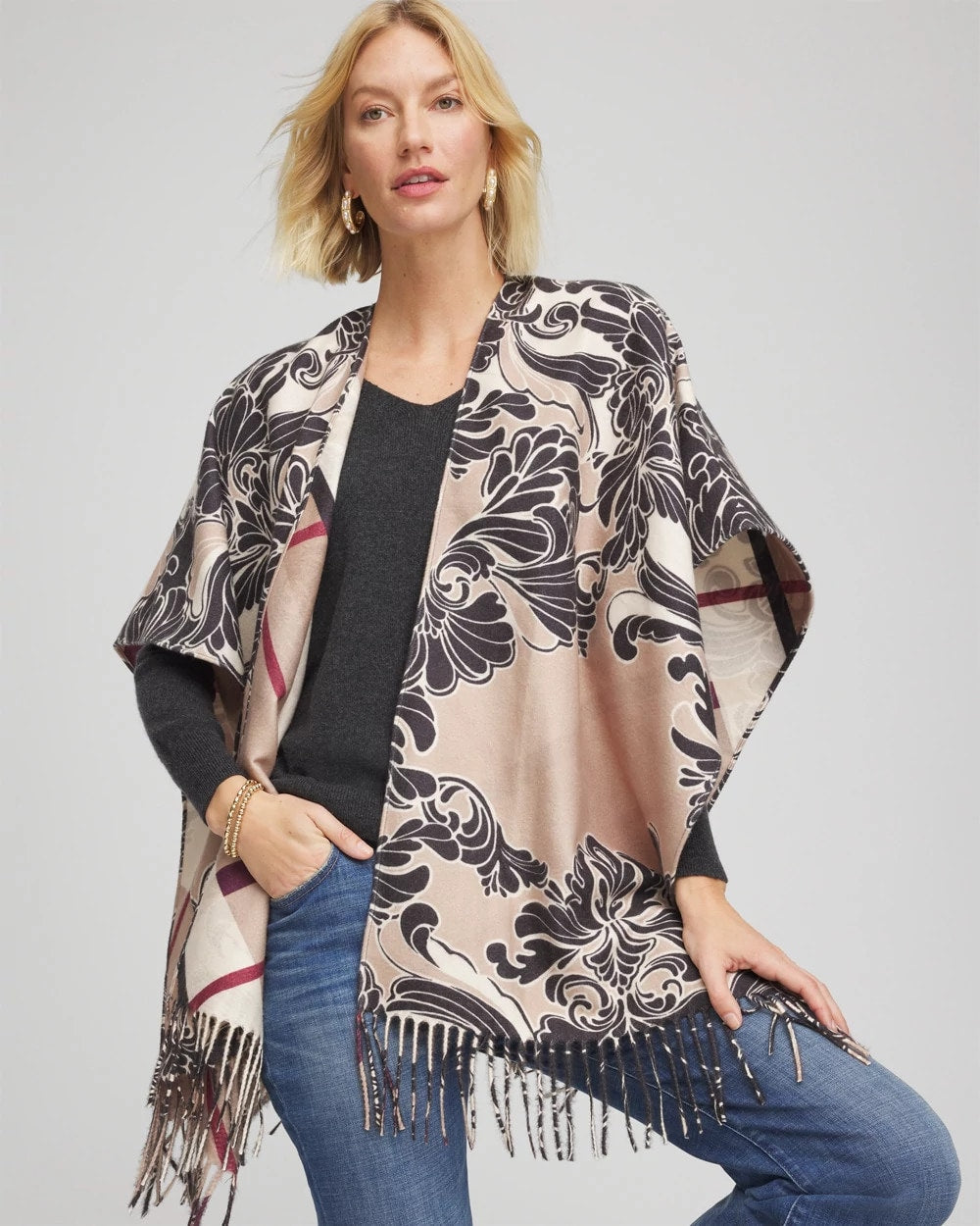 Champagne Fizz Reversible Printed Fringe Ruana