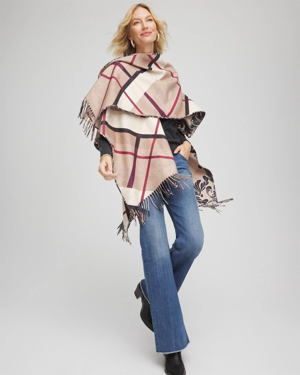 Champagne Fizz Reversible Printed Fringe Ruana