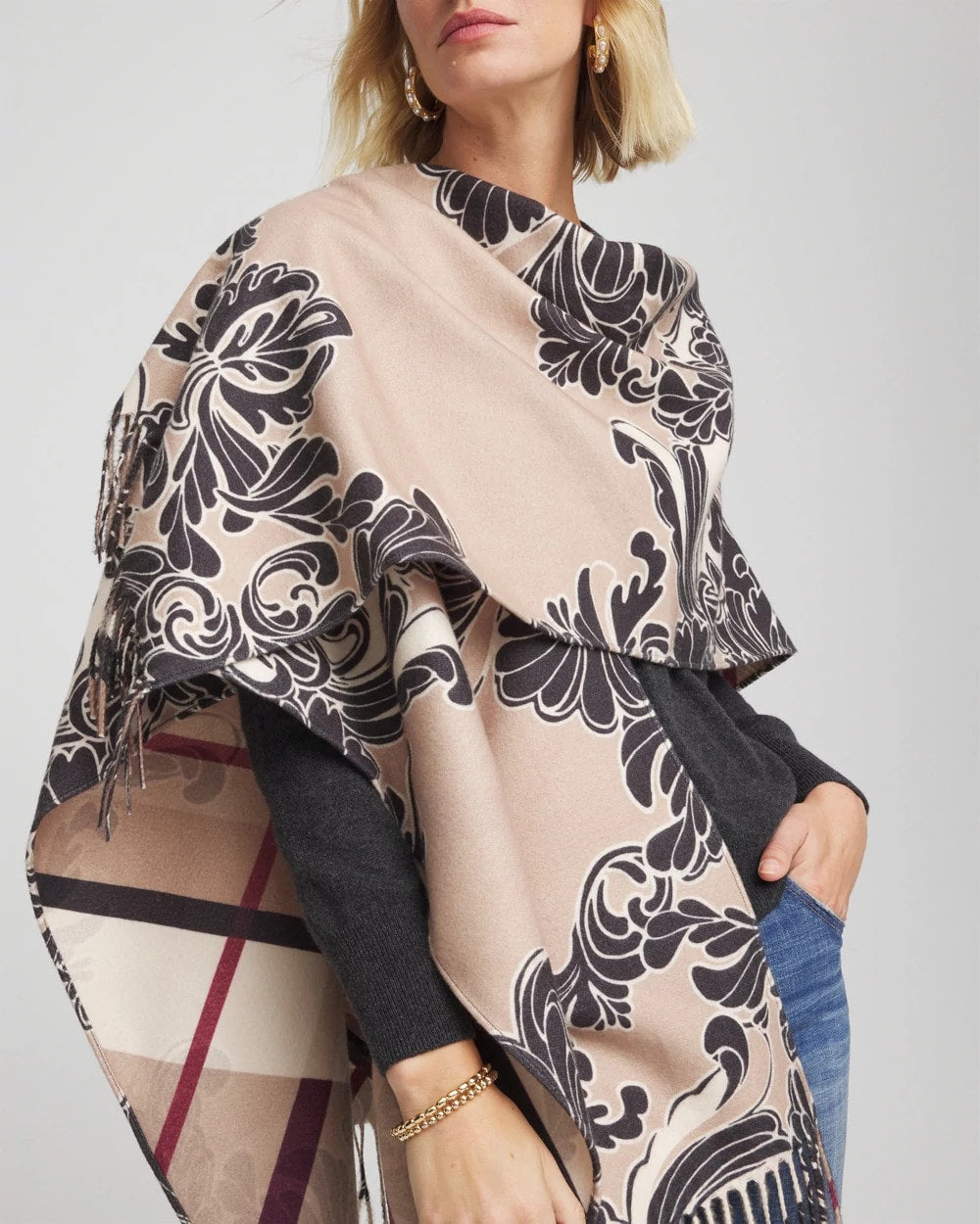 Champagne Fizz Reversible Printed Fringe Ruana