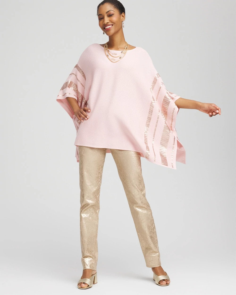 Blushed Sequin Striped Sweater Poncho