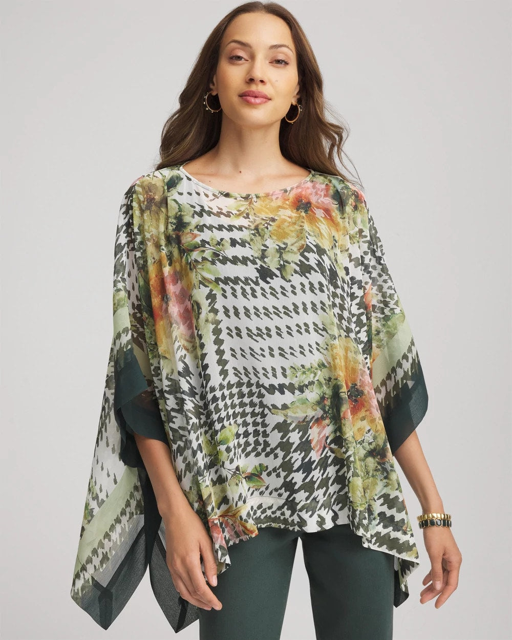 Nettle Leaf Printed Crinkle-Chiffon Pullover Poncho