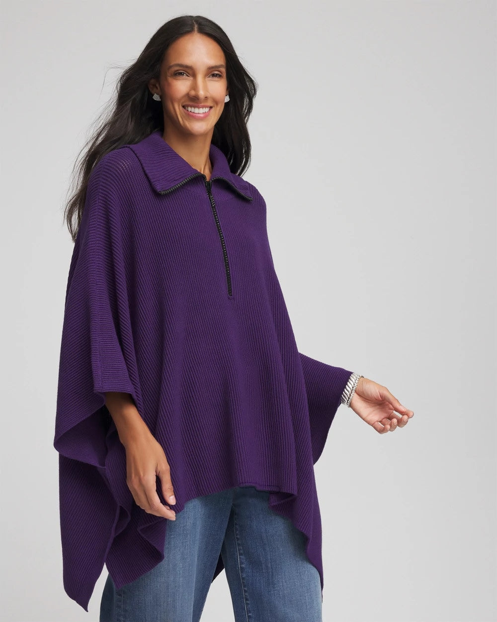 Purple Elixir Rhinestone Zip-Collar Sweater Poncho