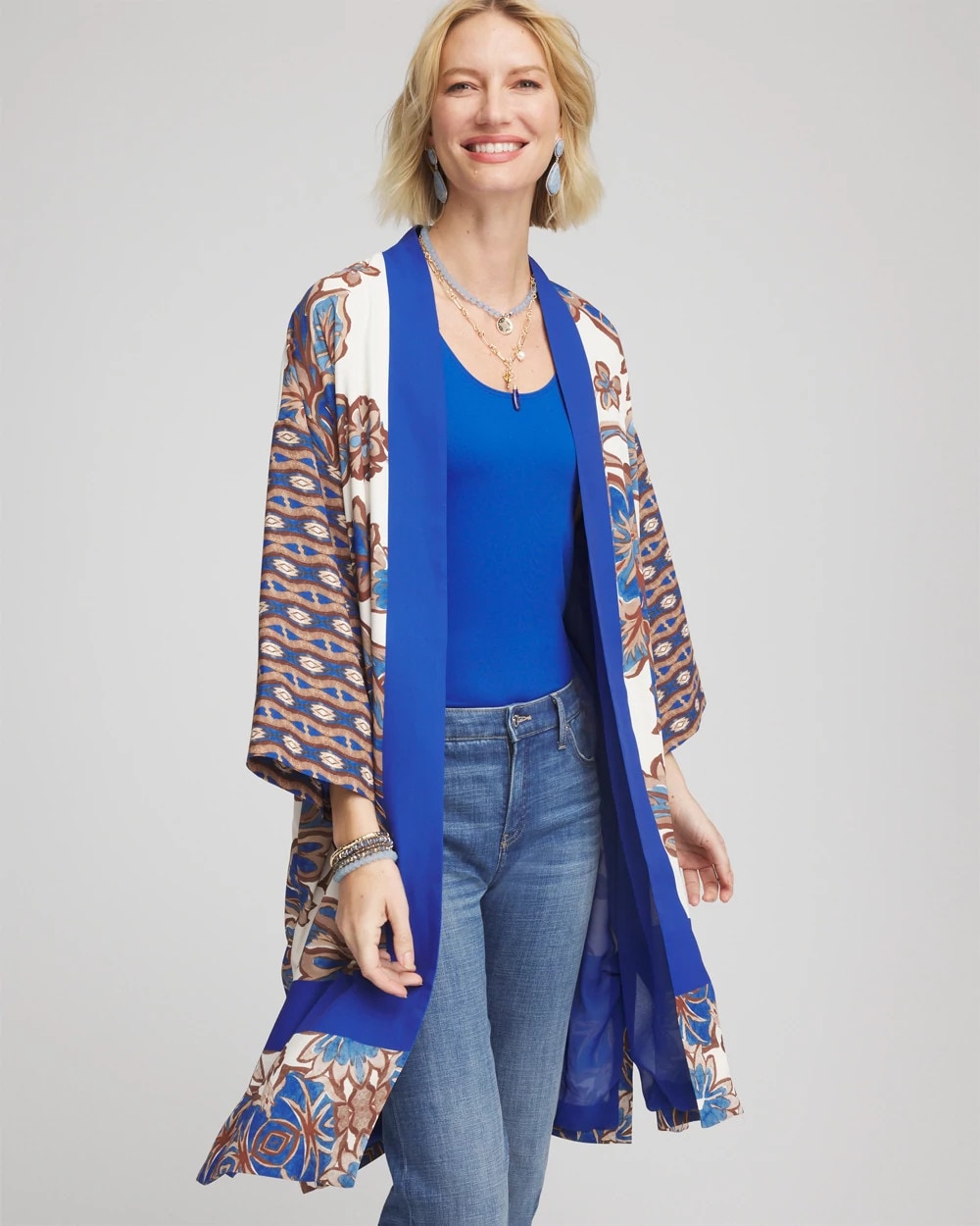 English Cream Crepe Long Printed Kimono